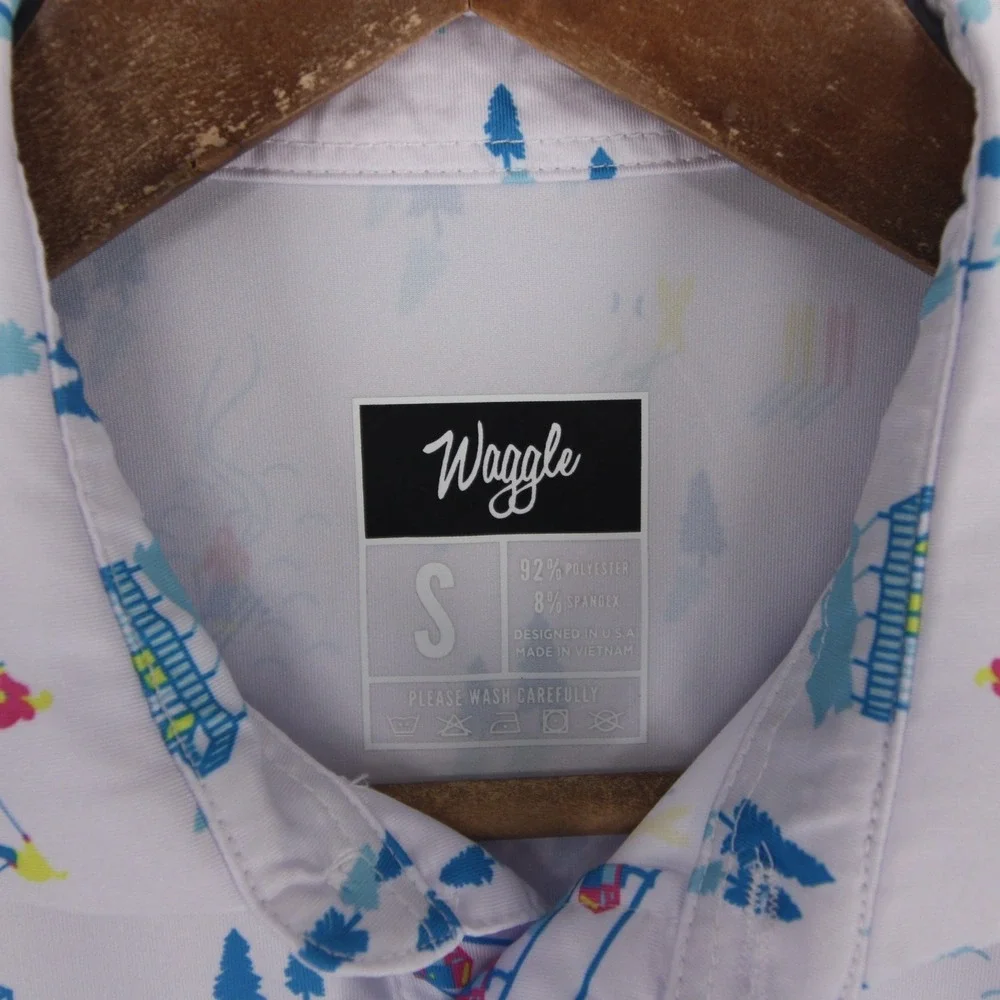 Waggle Downhill Polo Shirt Mens S White Ski Print Short Sleeve Performance Golf - Picture 6 of 6